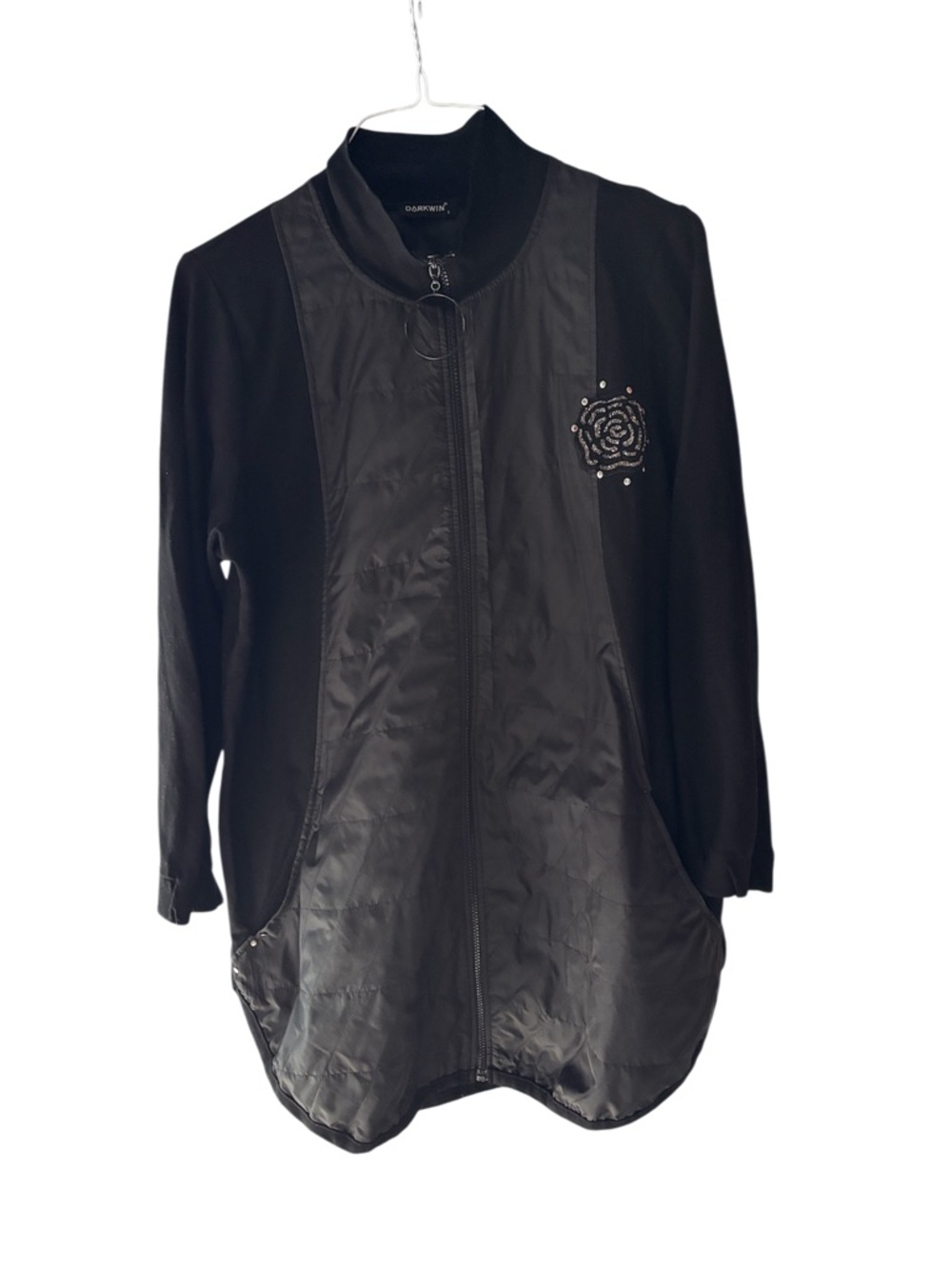 Darkwin black gothic jacket with silver hardware and rose pin. Size: L